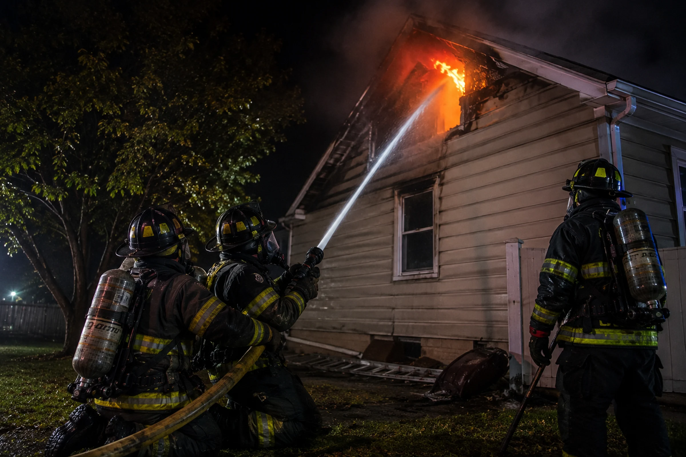 Firefighters applying an exterior hoseline stream toward an involved attic void.