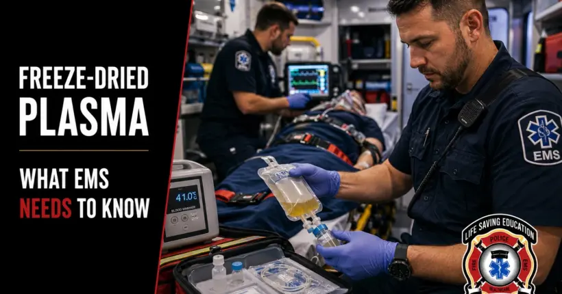 EMS education graphic showing emerging portable blood products for trauma care