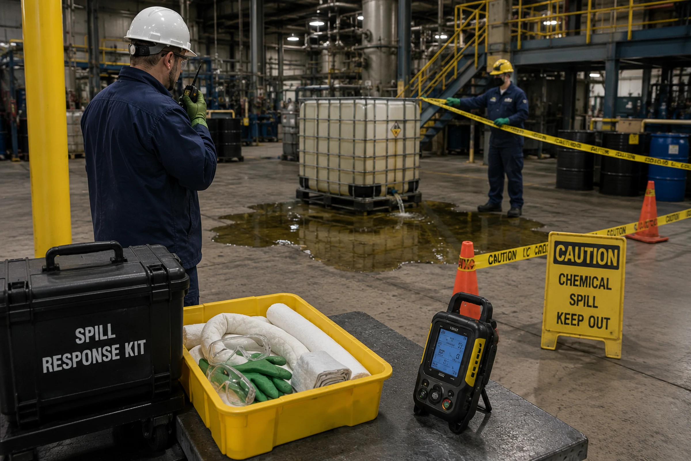Spill kit staged outside a chemical-release area while workers perform a hazard assessment.