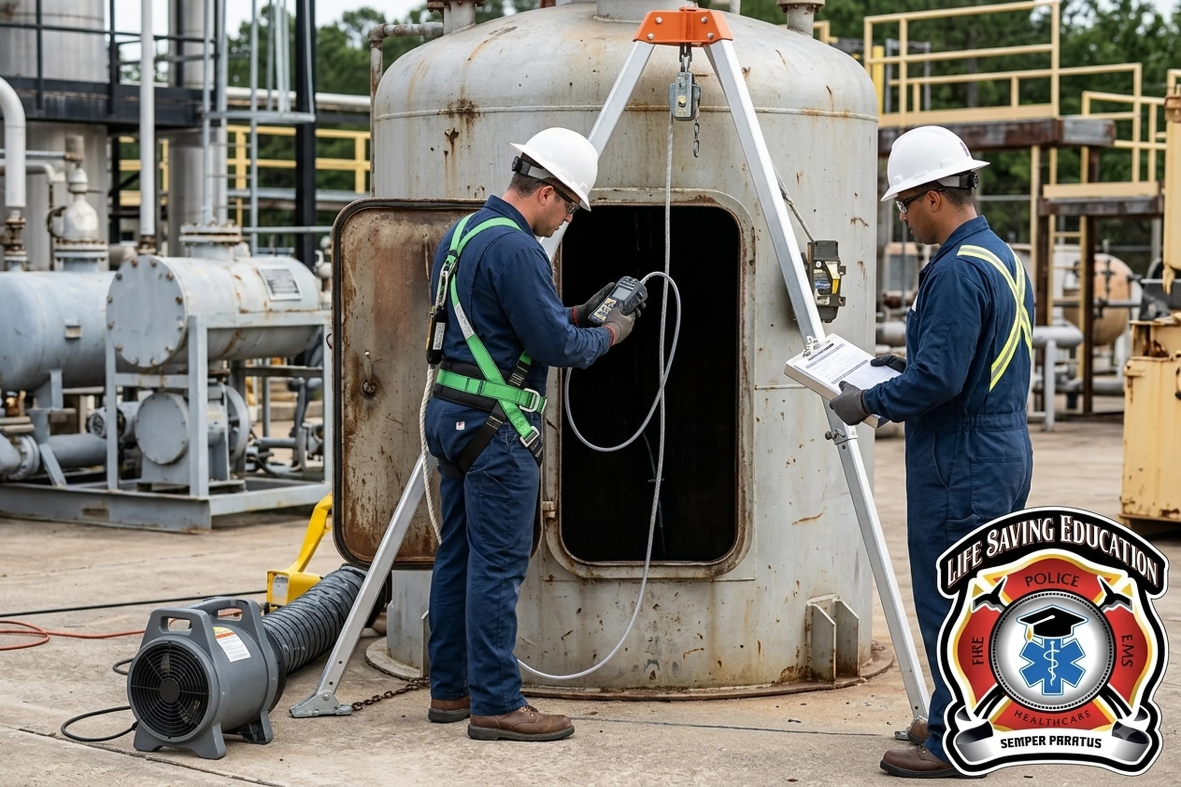 Confined space workers practicing atmospheric testing with a direct-reading gas monitor before entry.