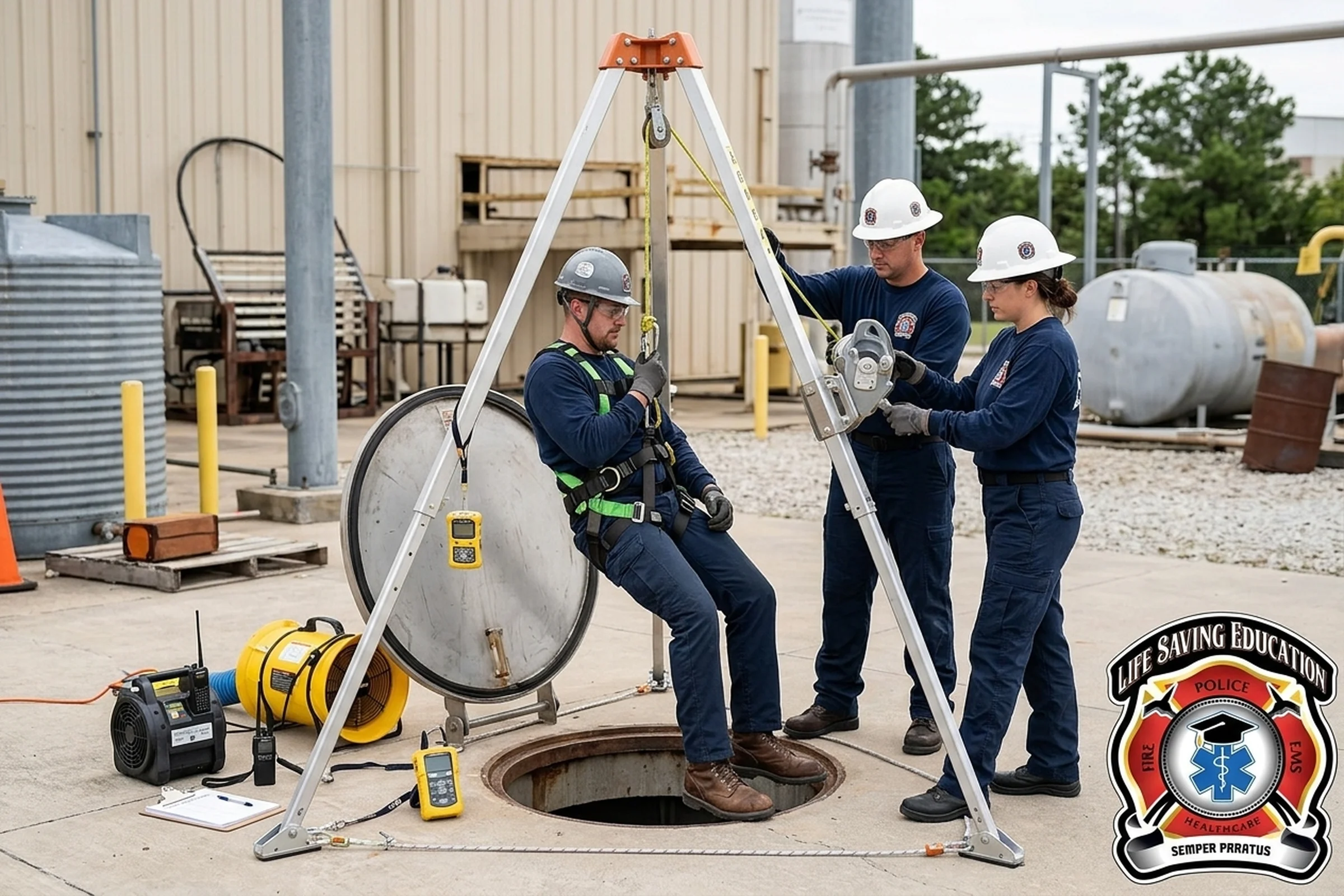 Confined space team practicing non-entry rescue with retrieval equipment during hands-on safety training.