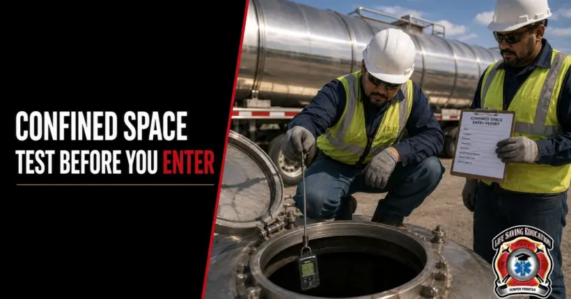 Workers conduct atmospheric testing and review an entry permit before entering a tanker trailer confined space.