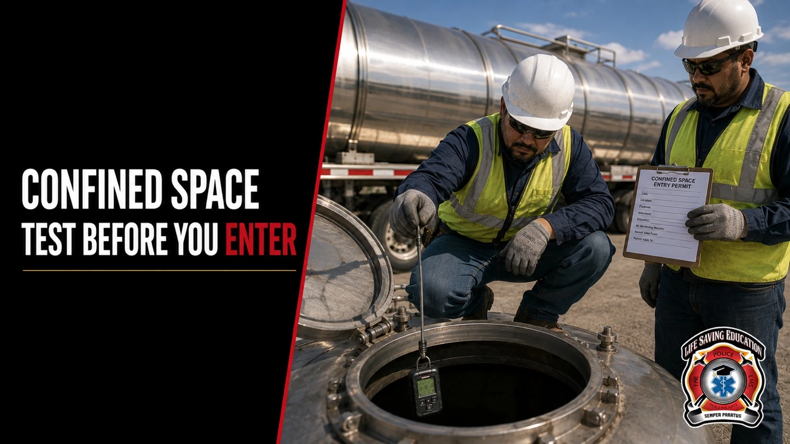 Workers conduct atmospheric testing and review an entry permit before entering a tanker trailer confined space.