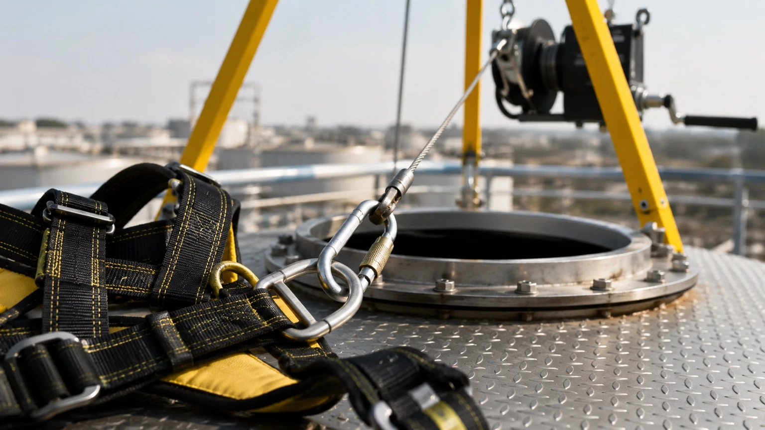 Full-body harness, retrieval line, tripod, and mechanical winch staged beside a confined space opening.