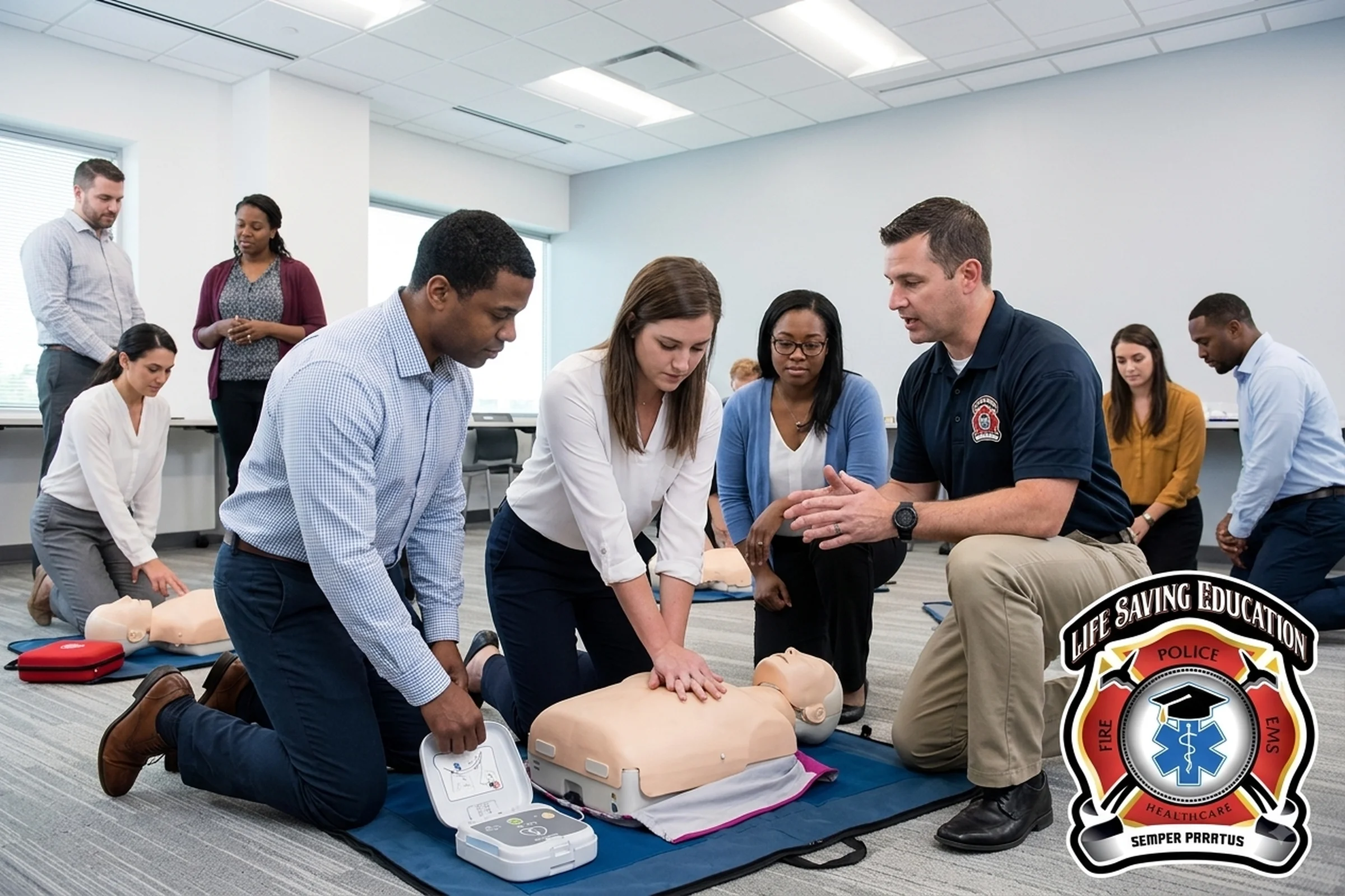 Employees practicing workplace CPR and AED response during hands-on emergency training.