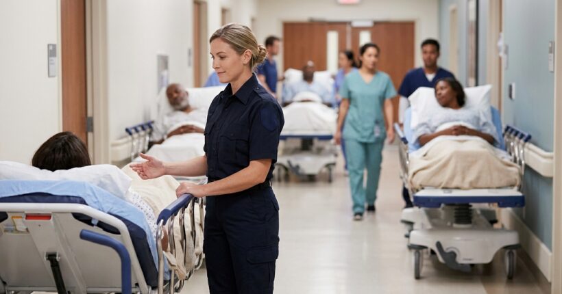 Crowded emergency department hallway with a paramedic beside a patient on a stretcher