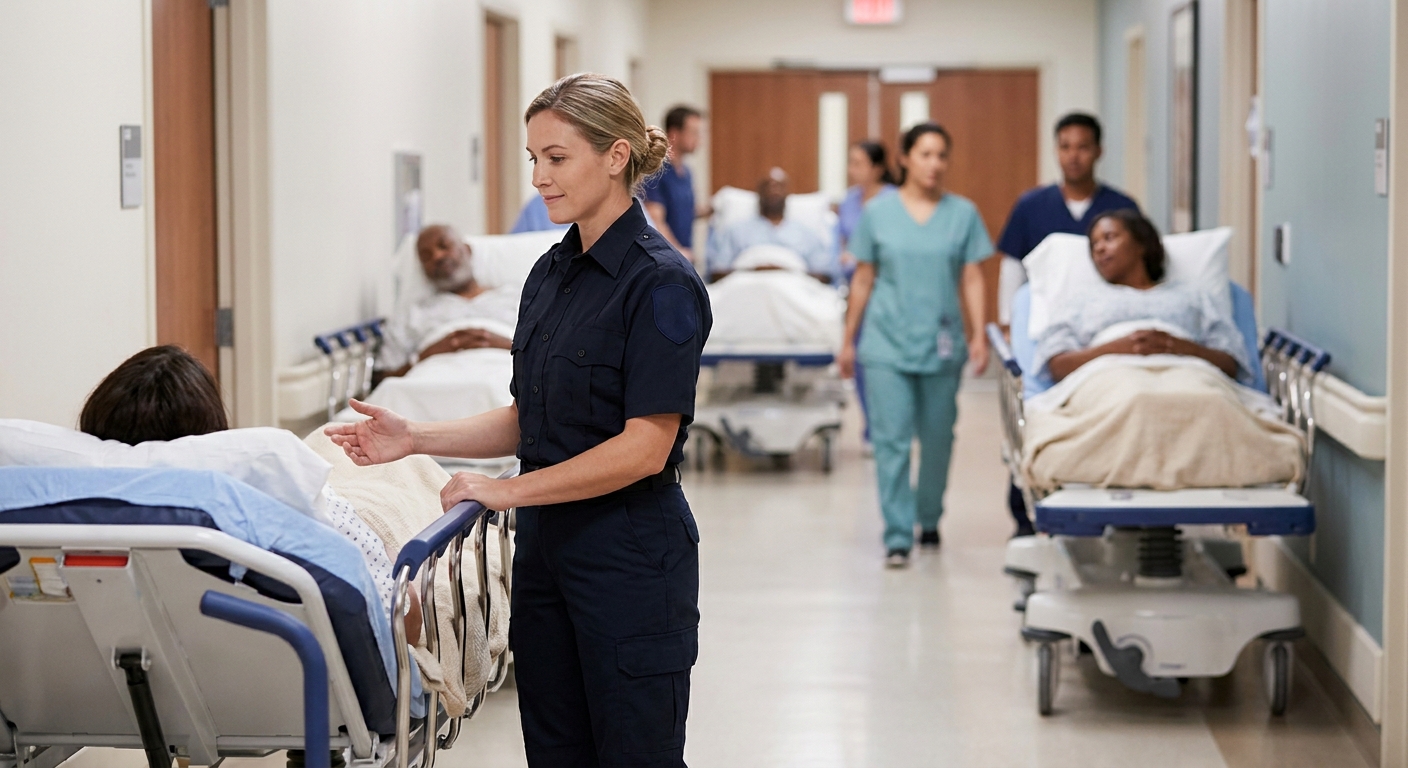 Crowded emergency department hallway with a paramedic beside a patient on a stretcher