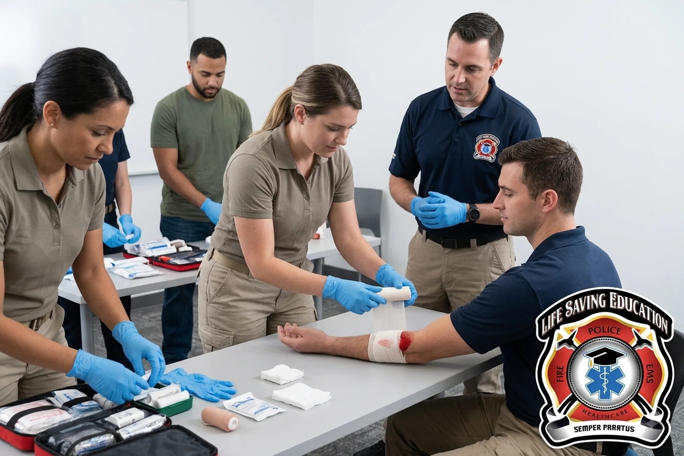 Employees practicing workplace first aid assessment and immediate emergency care during hands-on training.