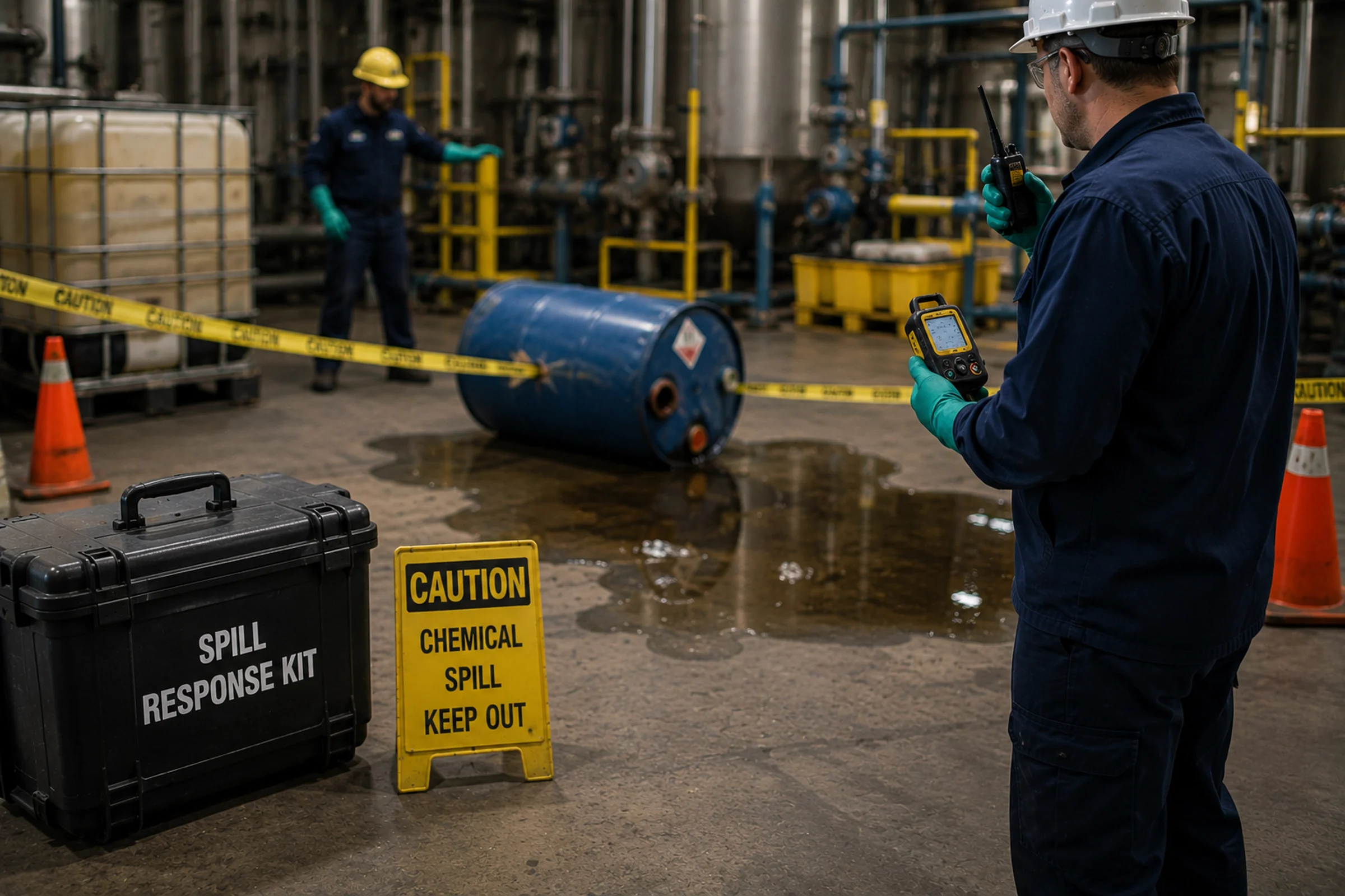 Hazmat responder conducting atmospheric monitoring outside a chemical-release area.