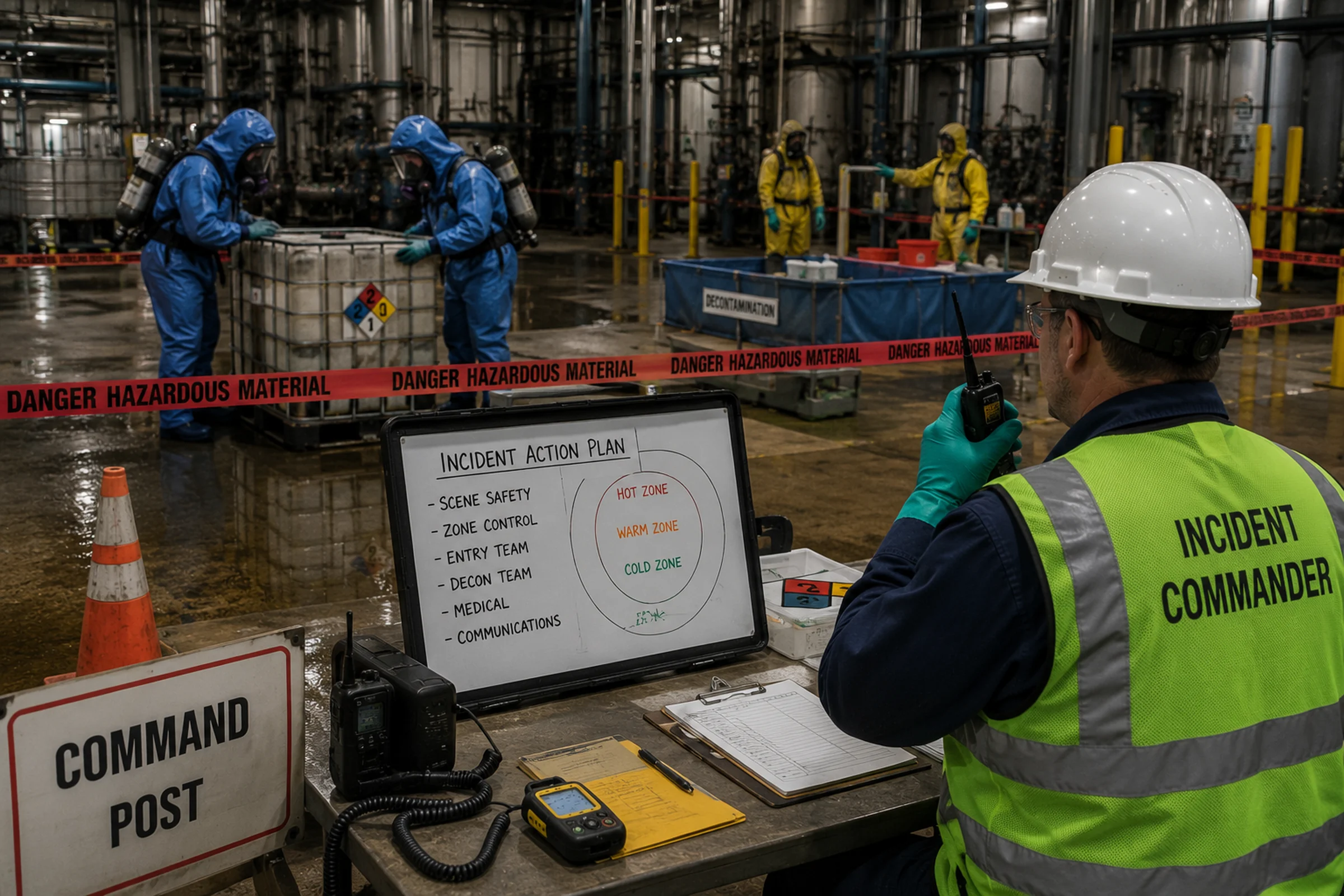 Organized hazardous-materials response with controlled operational zones and decontamination resources.