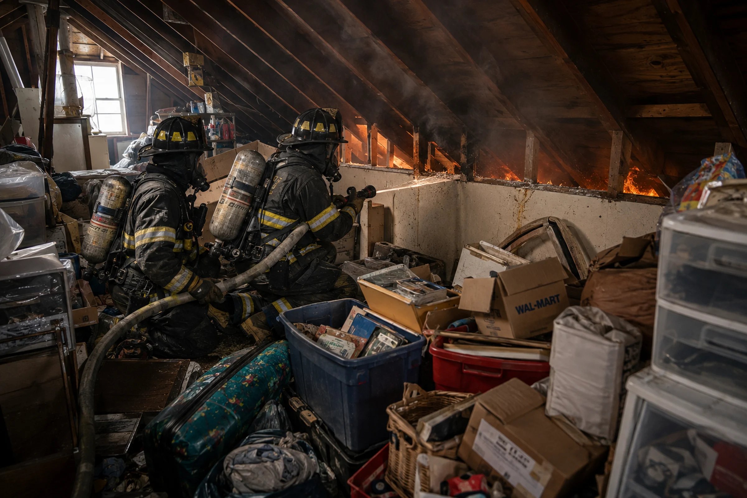 Firefighters struggling to advance a charged hoseline through severe residential clutter.