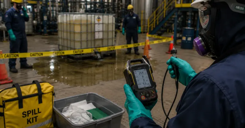 Worker isolating a chemical spill while determining whether emergency HAZWOPER response is required.