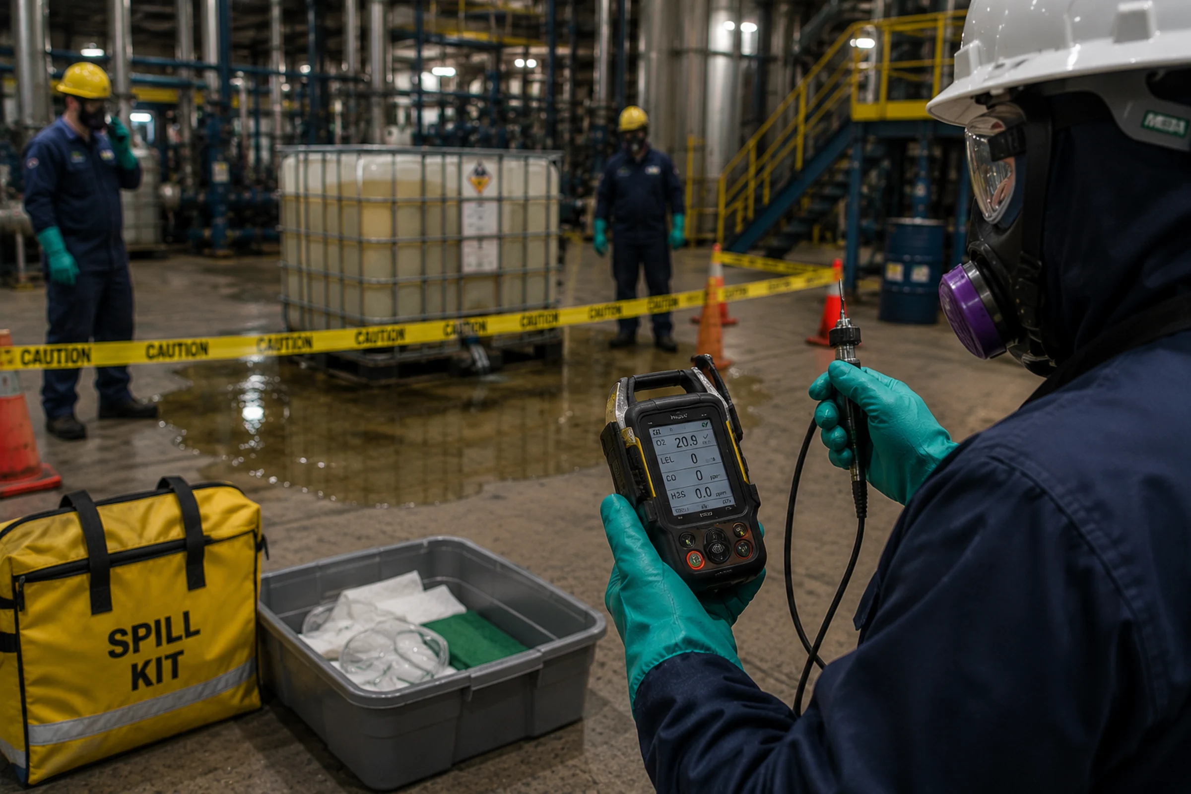 Worker isolating a chemical spill while determining whether emergency HAZWOPER response is required.