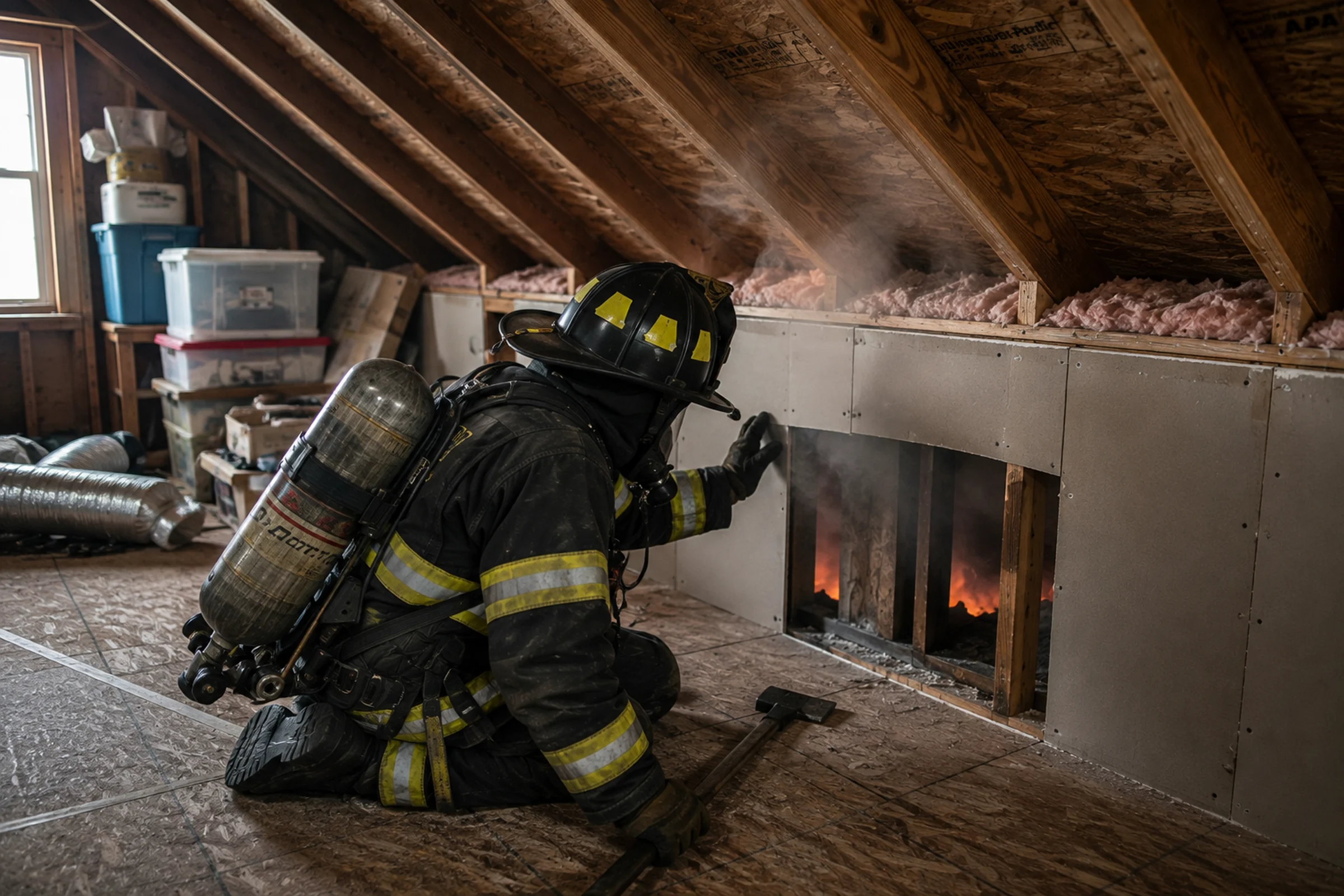 Firefighter examining a concealed void behind a residential attic knee wall.