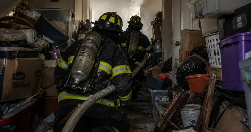 Firefighters advancing a hoseline through a cluttered attic toward a concealed knee-wall fire.