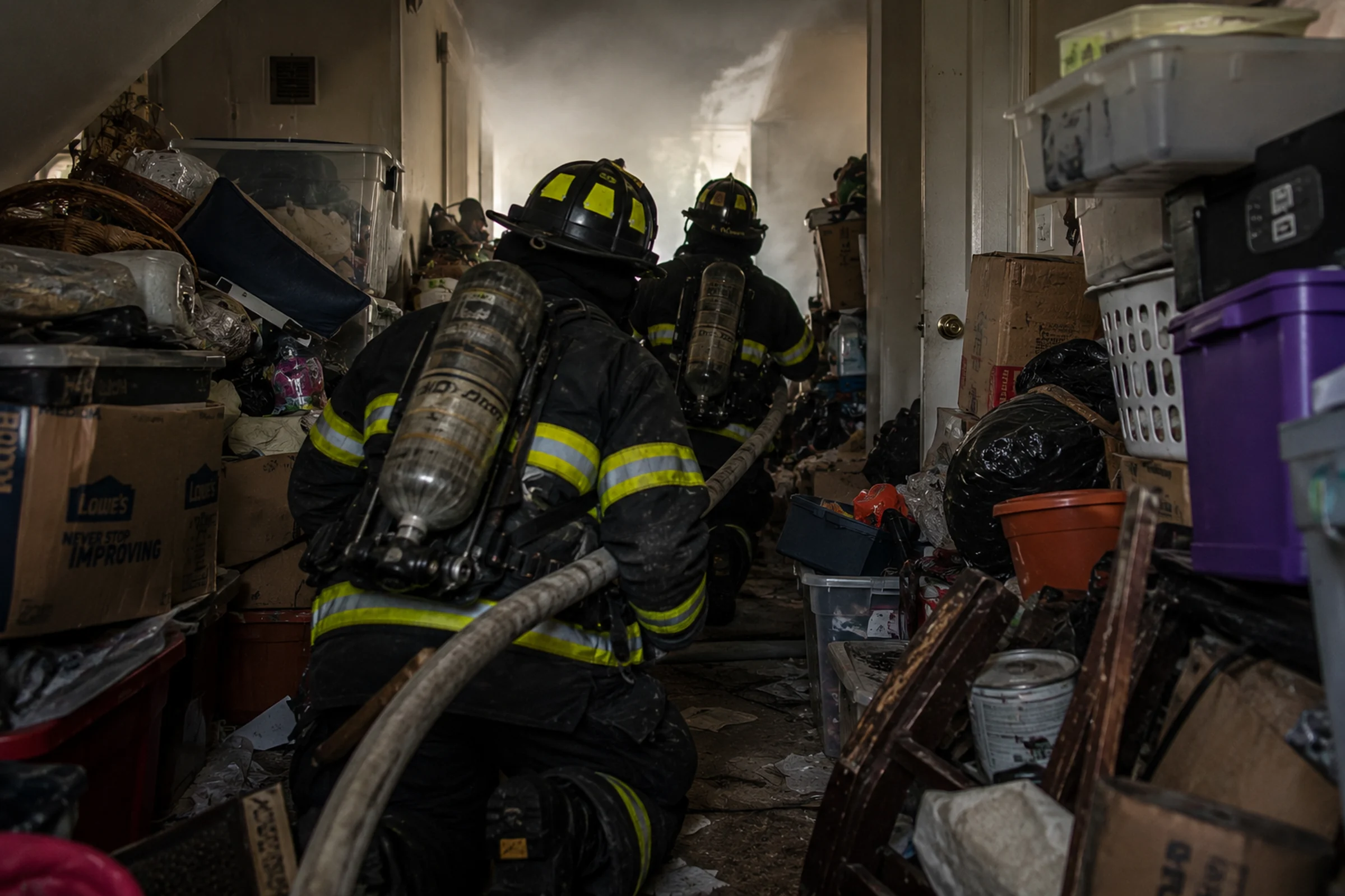 Firefighters advancing a hoseline through a cluttered attic toward a concealed knee-wall fire.