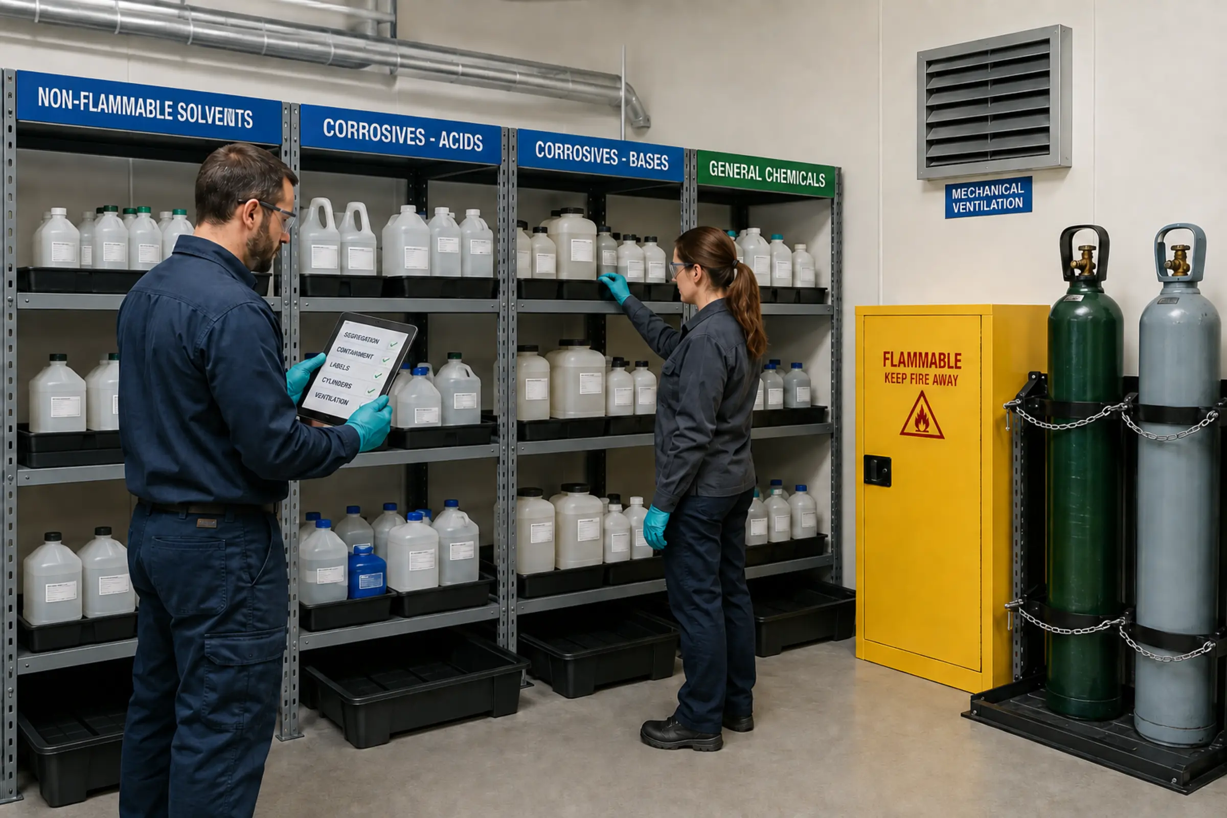 Workers inspect segregated chemical storage for compatibility
