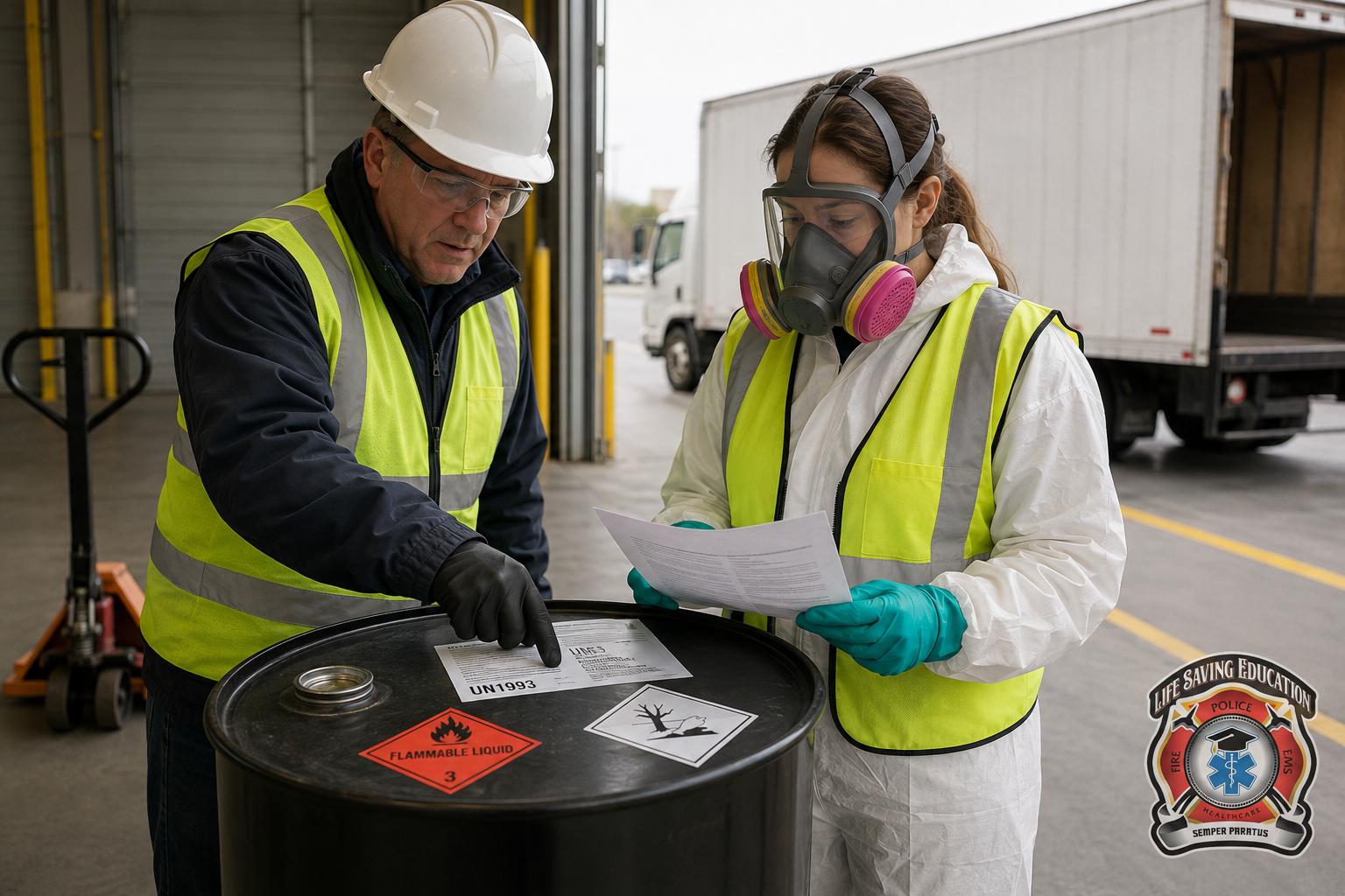 Workers compare hazardous-material shipping papers and waste labels on a drum