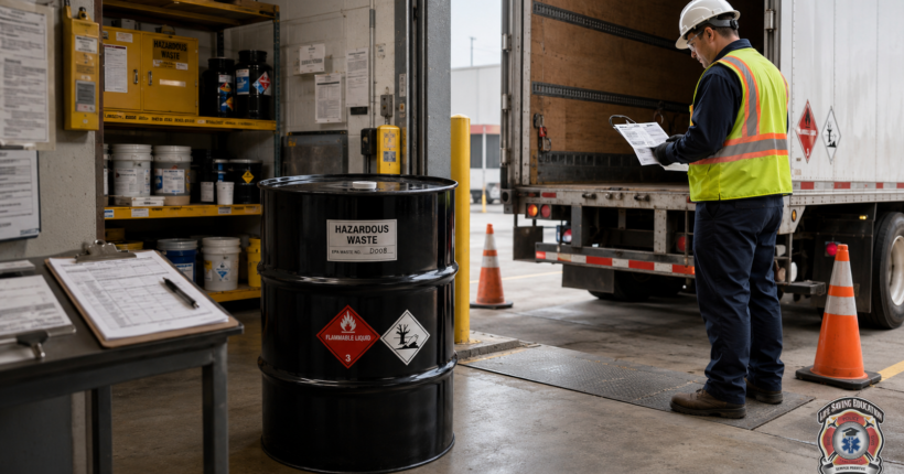 lse-dot-hazmat-vs-hazardous-waste-training-hero Hazardous-waste drum staged beside a truck with shipping and workplace safety documents