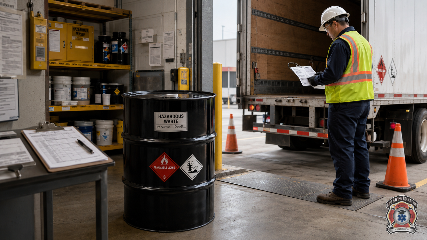 Hazardous-waste drum staged beside a truck with shipping and workplace safety documents