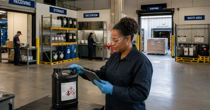 Worker inventories a workplace chemical within receiving, storage, use, shipping, and waste areas