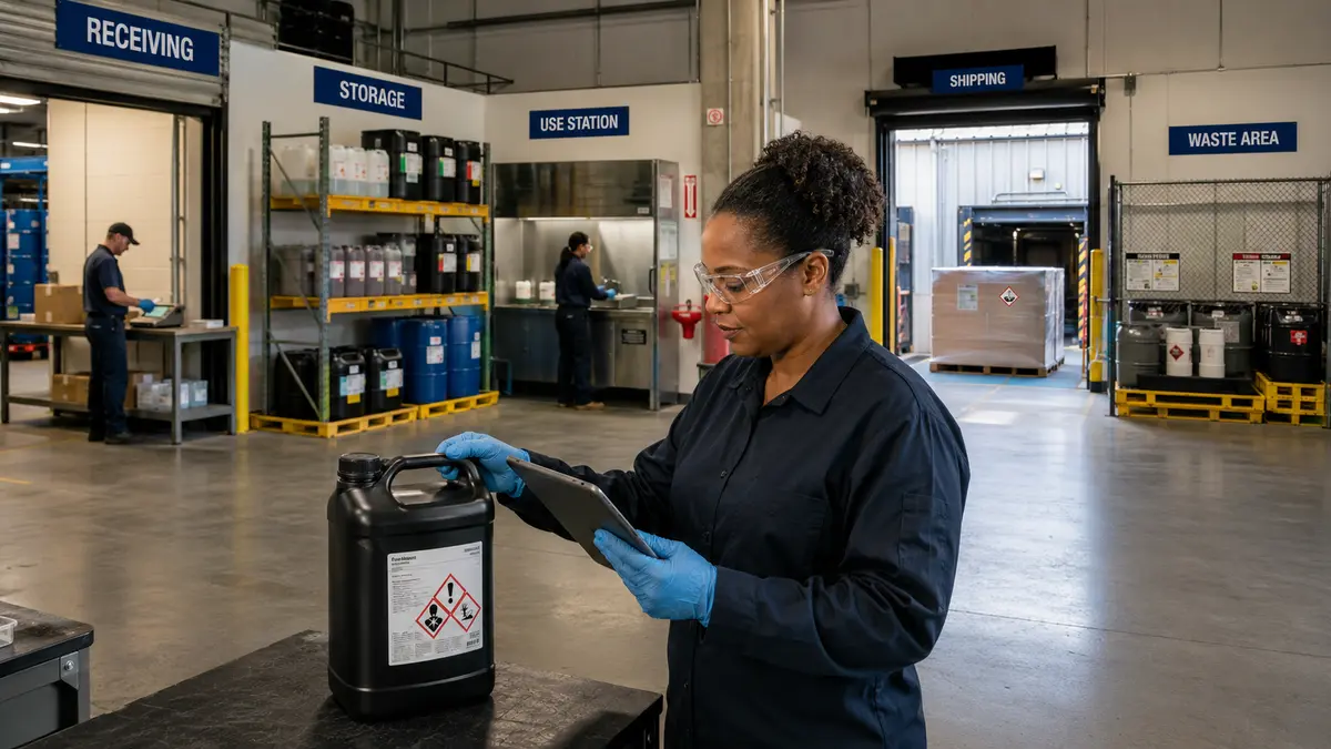 Worker inventories a workplace chemical within receiving, storage, use, shipping, and waste areas