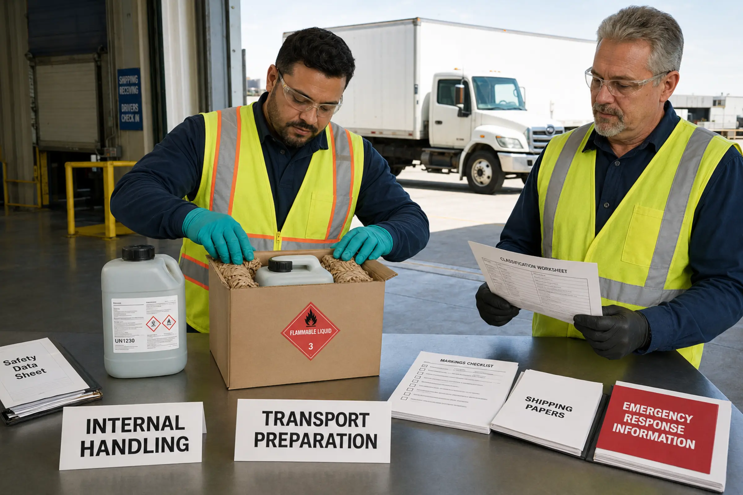 Workers verify the handoff between internal chemical handling and transportation preparation