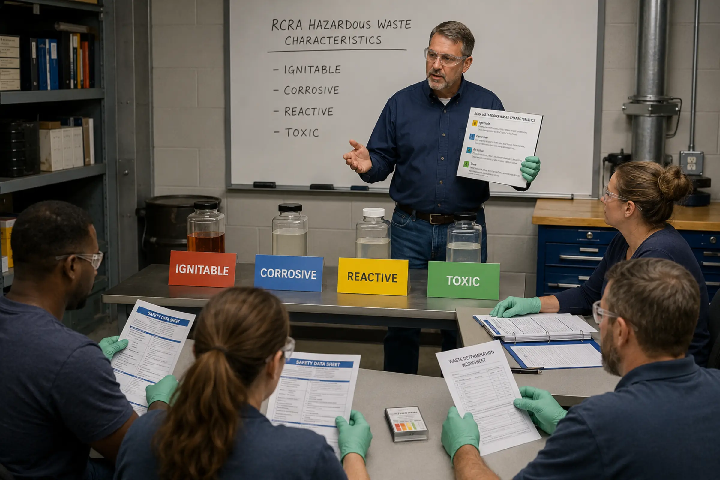 Instructor teaches ignitable, corrosive, reactive, and toxic hazardous-waste characteristics