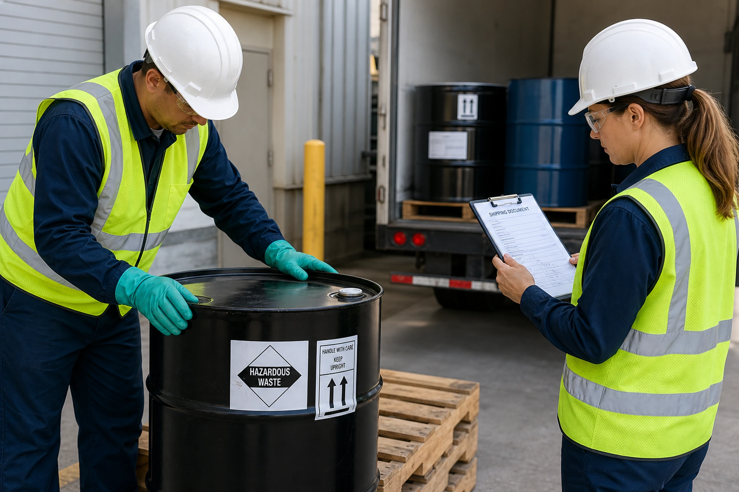 Workers verify hazardous-waste drum labels before loading a shipment