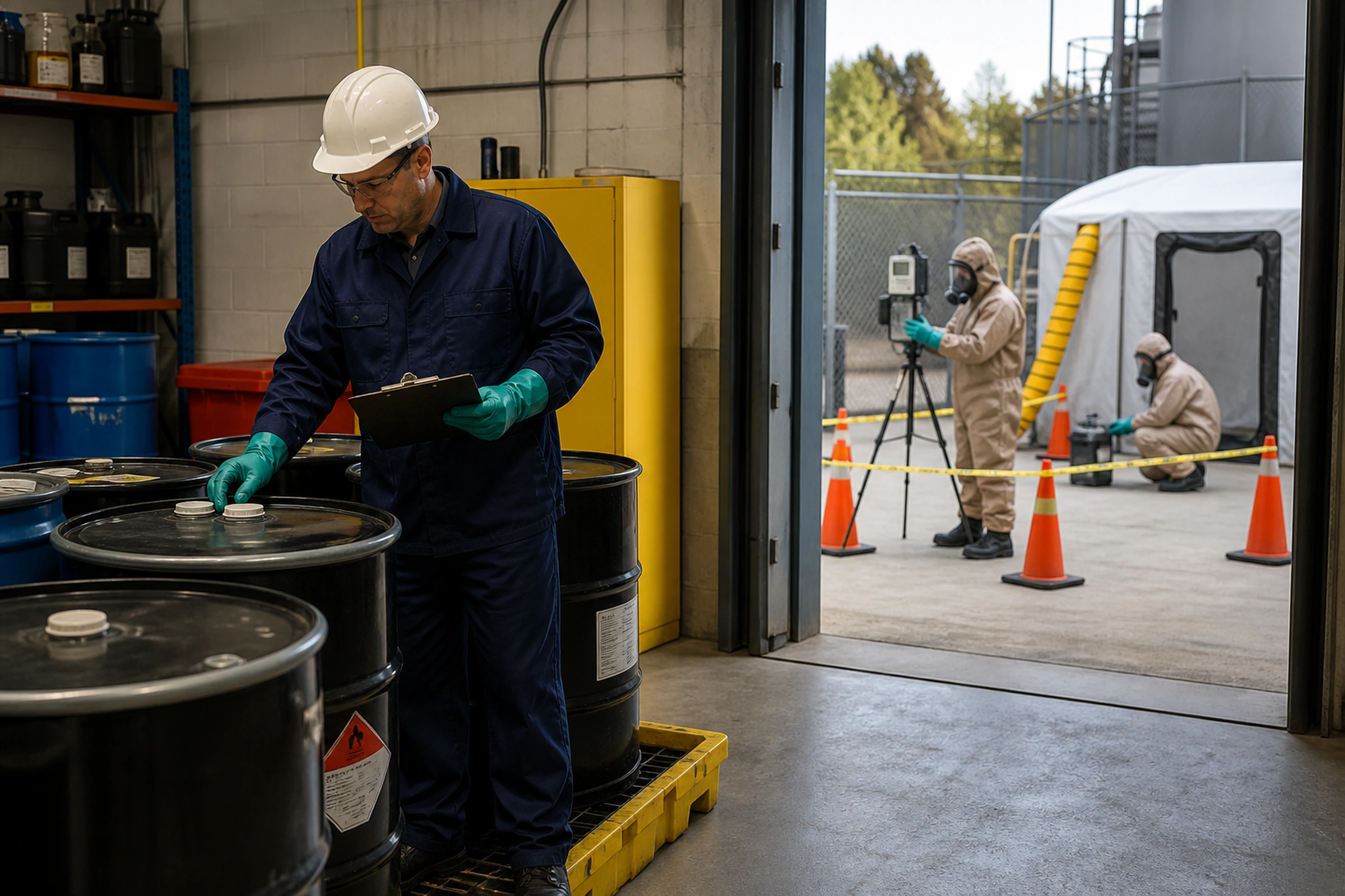 Worker inspects hazardous-waste drums while a HAZWOPER team operates outside