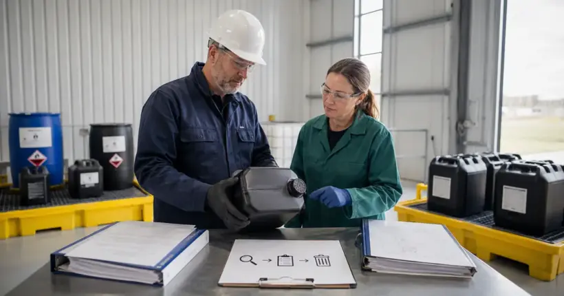 Workers examine a waste container while completing a hazardous-waste determination