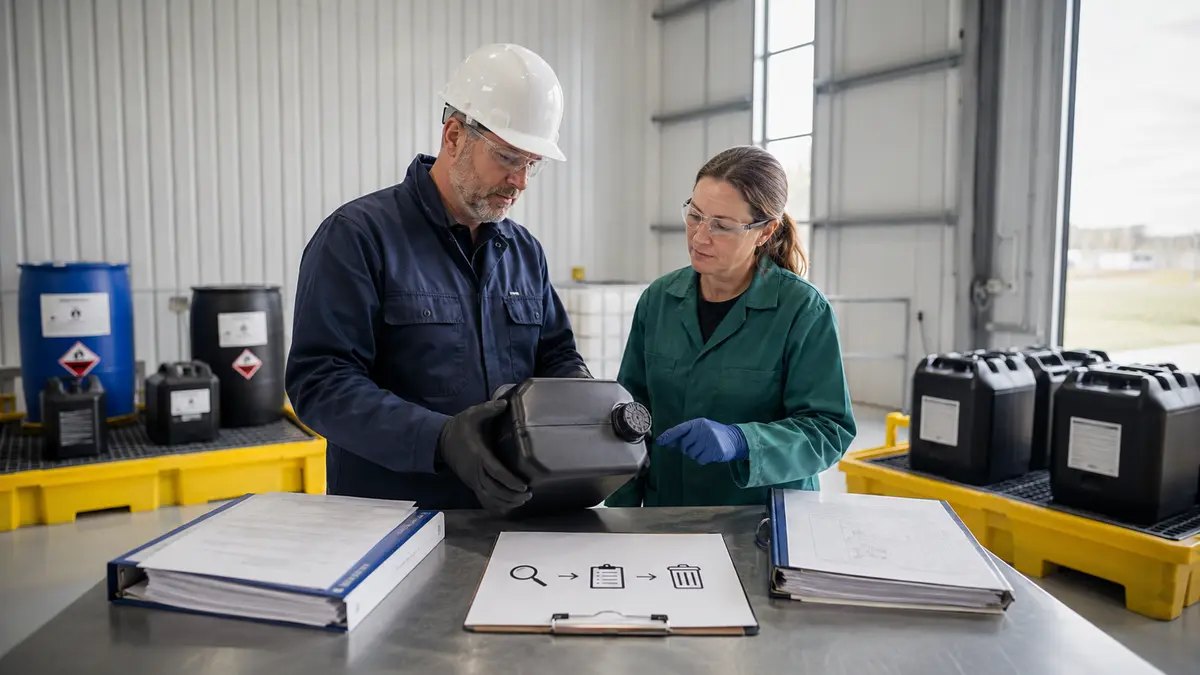 Workers examine a waste container while completing a hazardous-waste determination