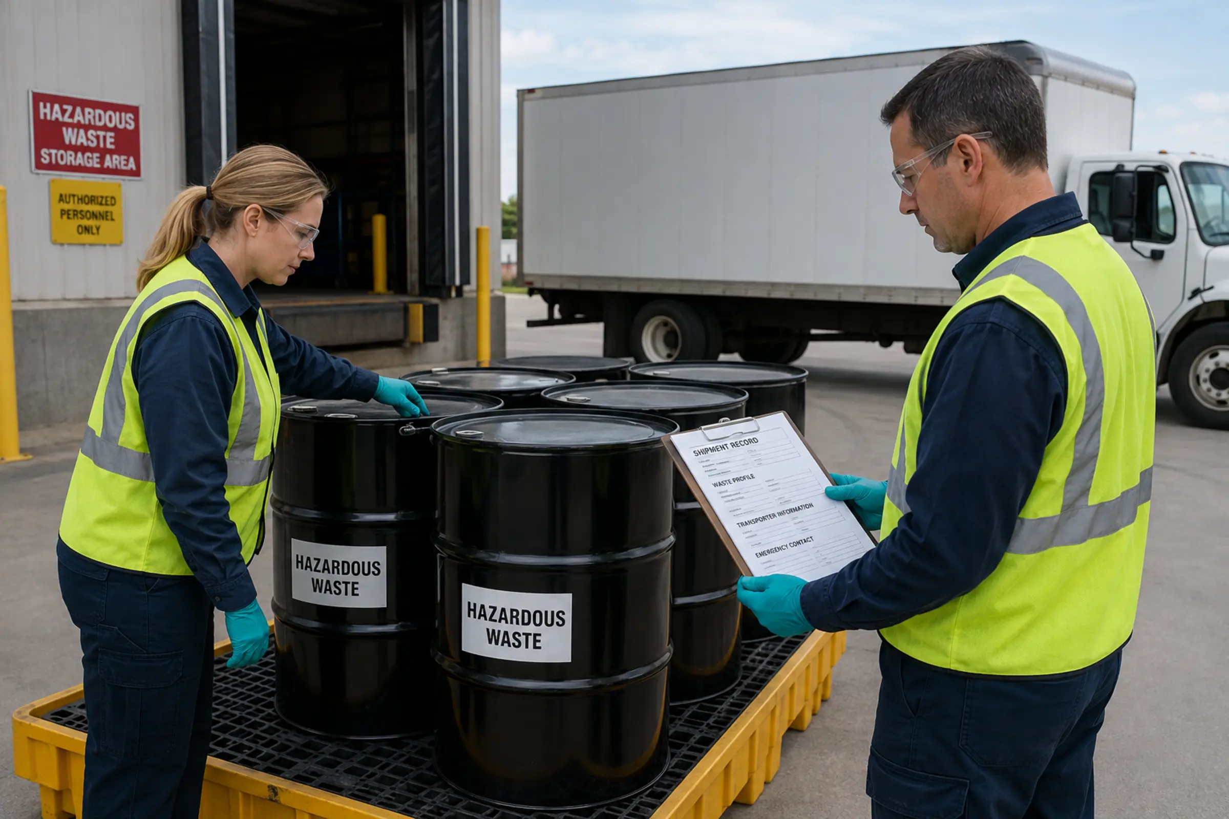 Workers verify hazardous-waste drums and shipment documentation before pickup
