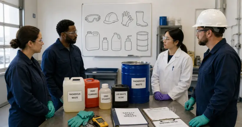 Workers review hazardous-waste types and protective equipment during facility training