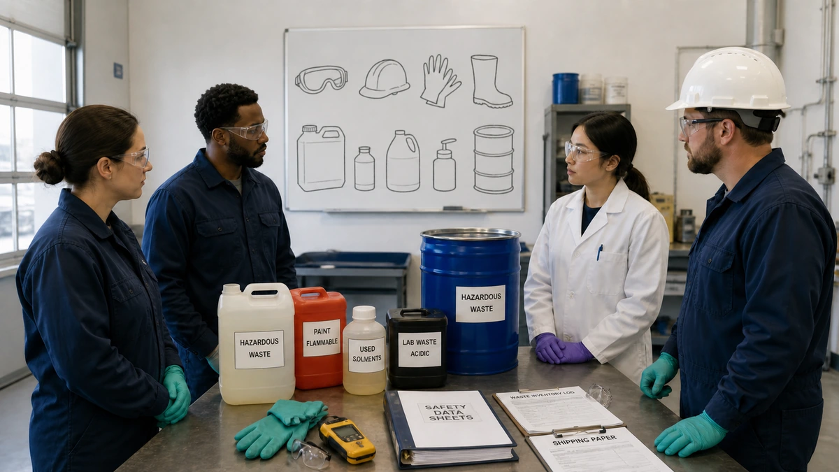 Workers review hazardous-waste types and protective equipment during facility training