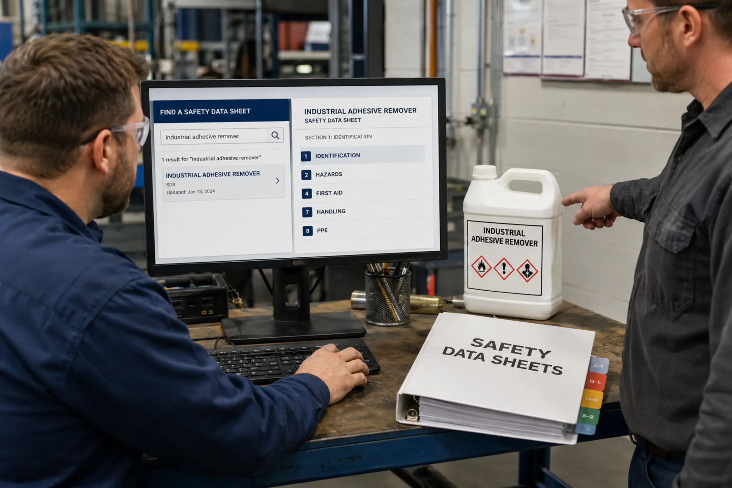 Workers locate a safety data sheet using an electronic SDS system