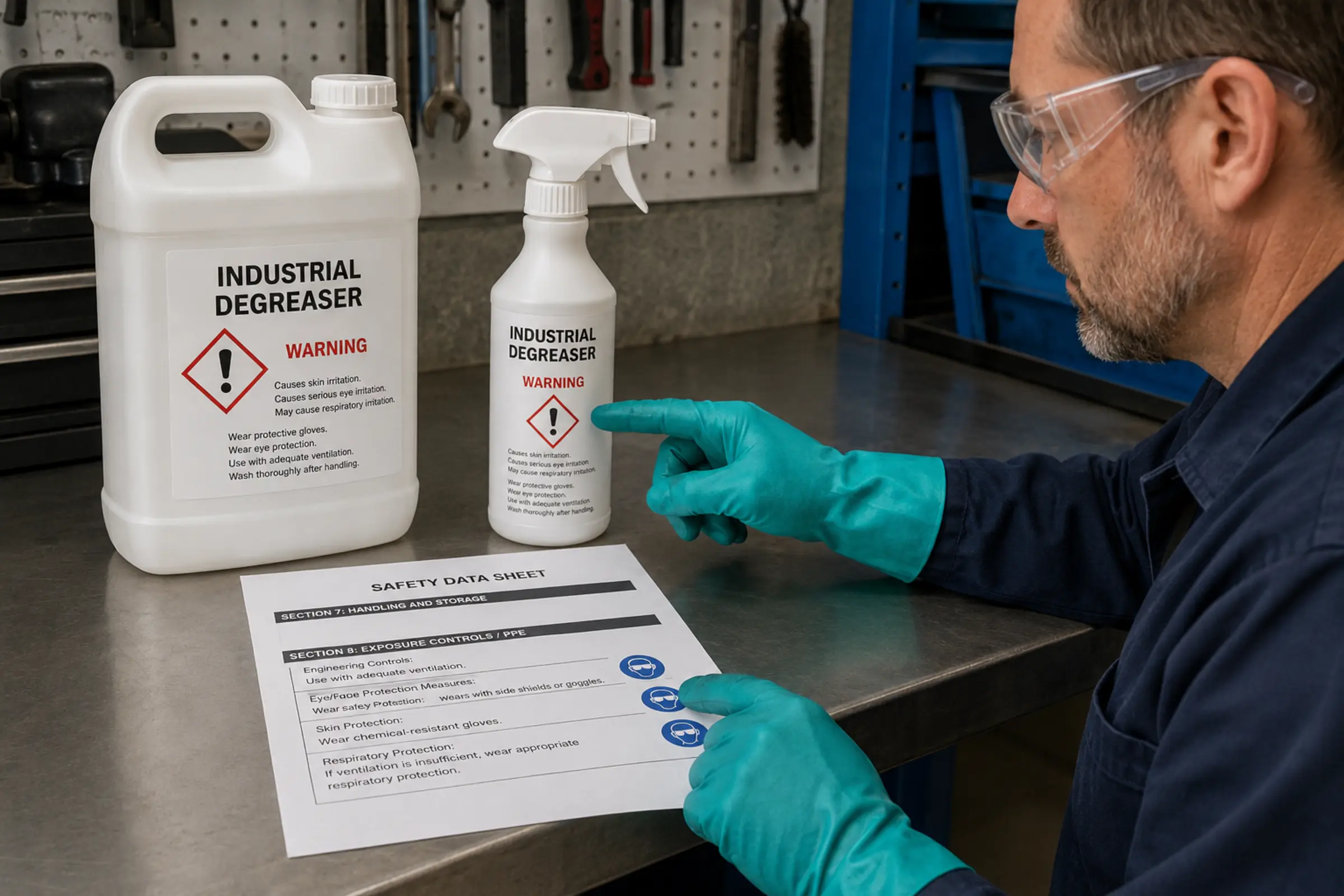 Worker connects a workplace chemical label to safety data sheet precautions
