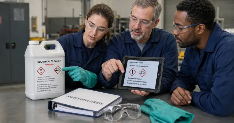 Workers compare a chemical label with safety data sheet information