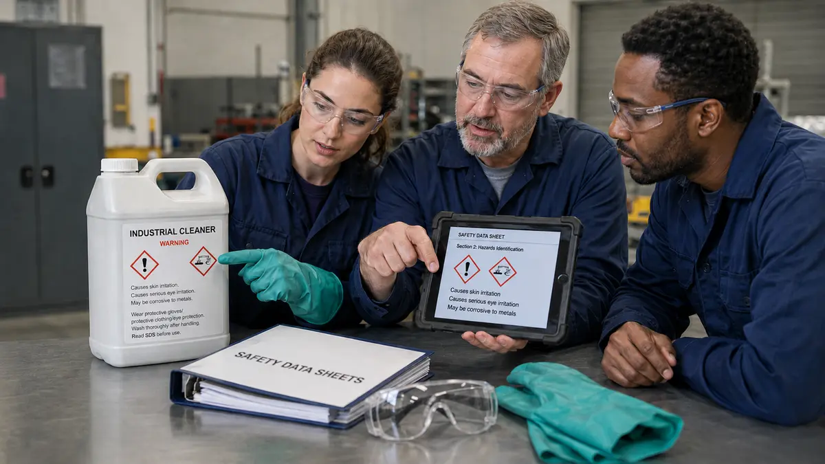 Workers compare a chemical label with safety data sheet information