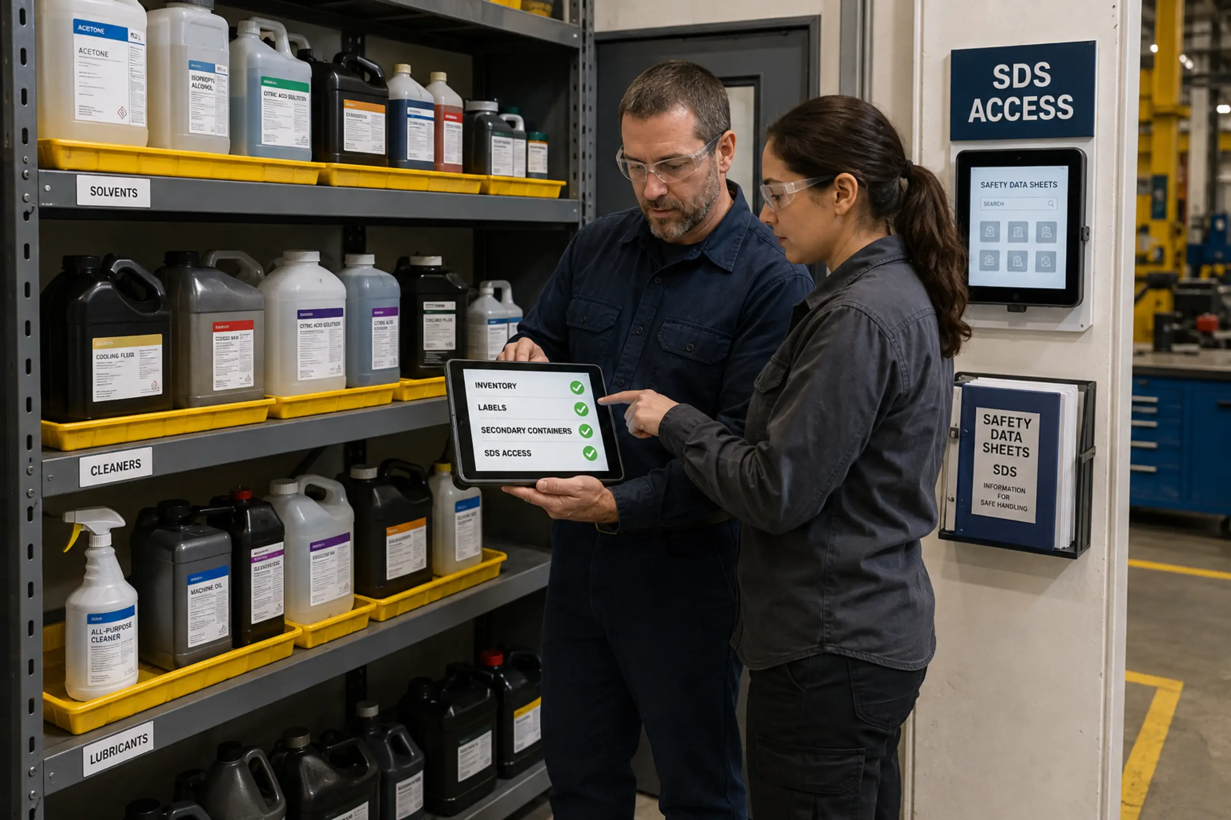 Supervisor and worker audit chemical labels and SDS access in a storage area