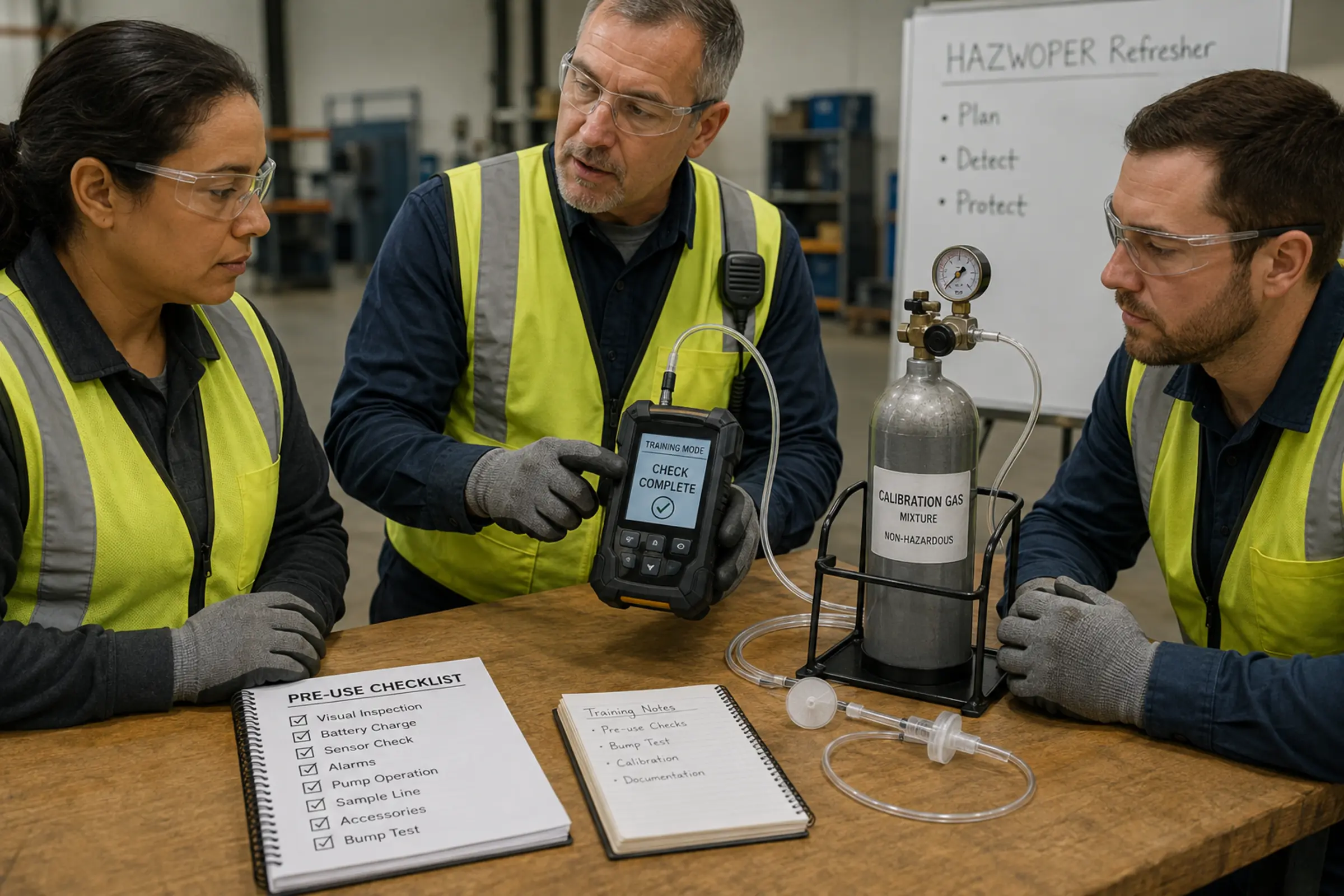 HAZWOPER instructor demonstrates air-monitor calibration and pre-use checks