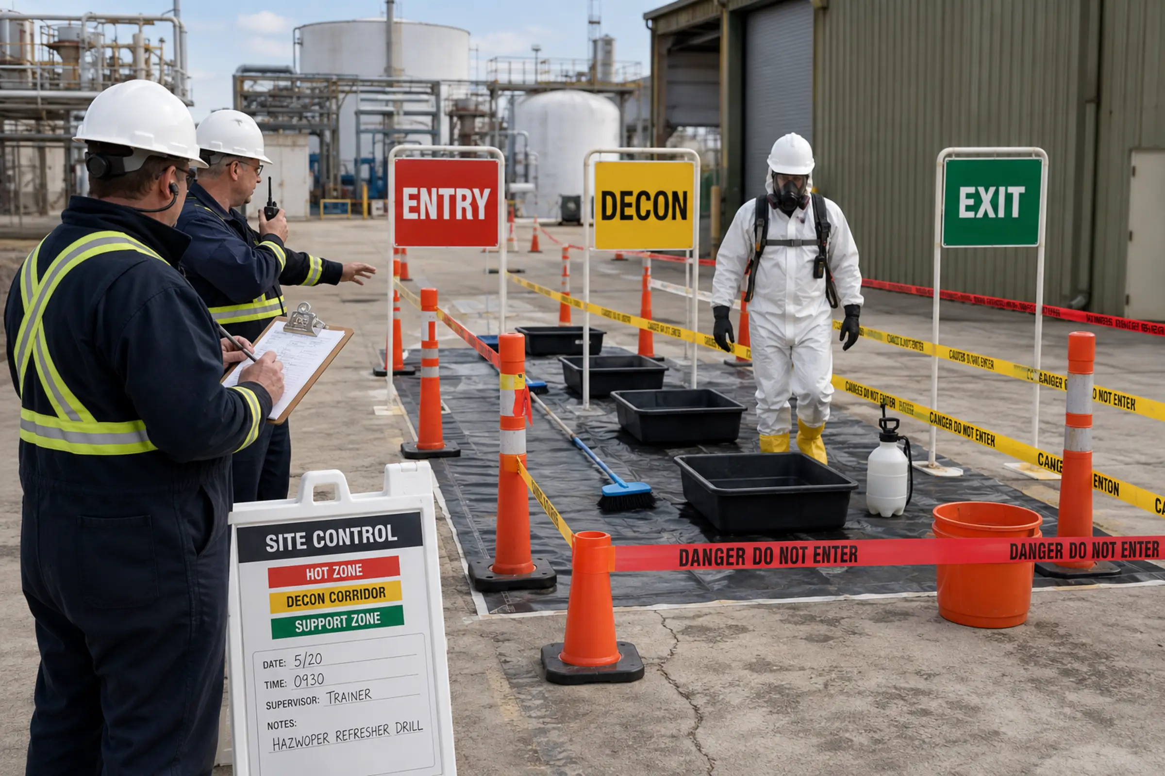 HAZWOPER team practices site-control zones and decontamination procedures