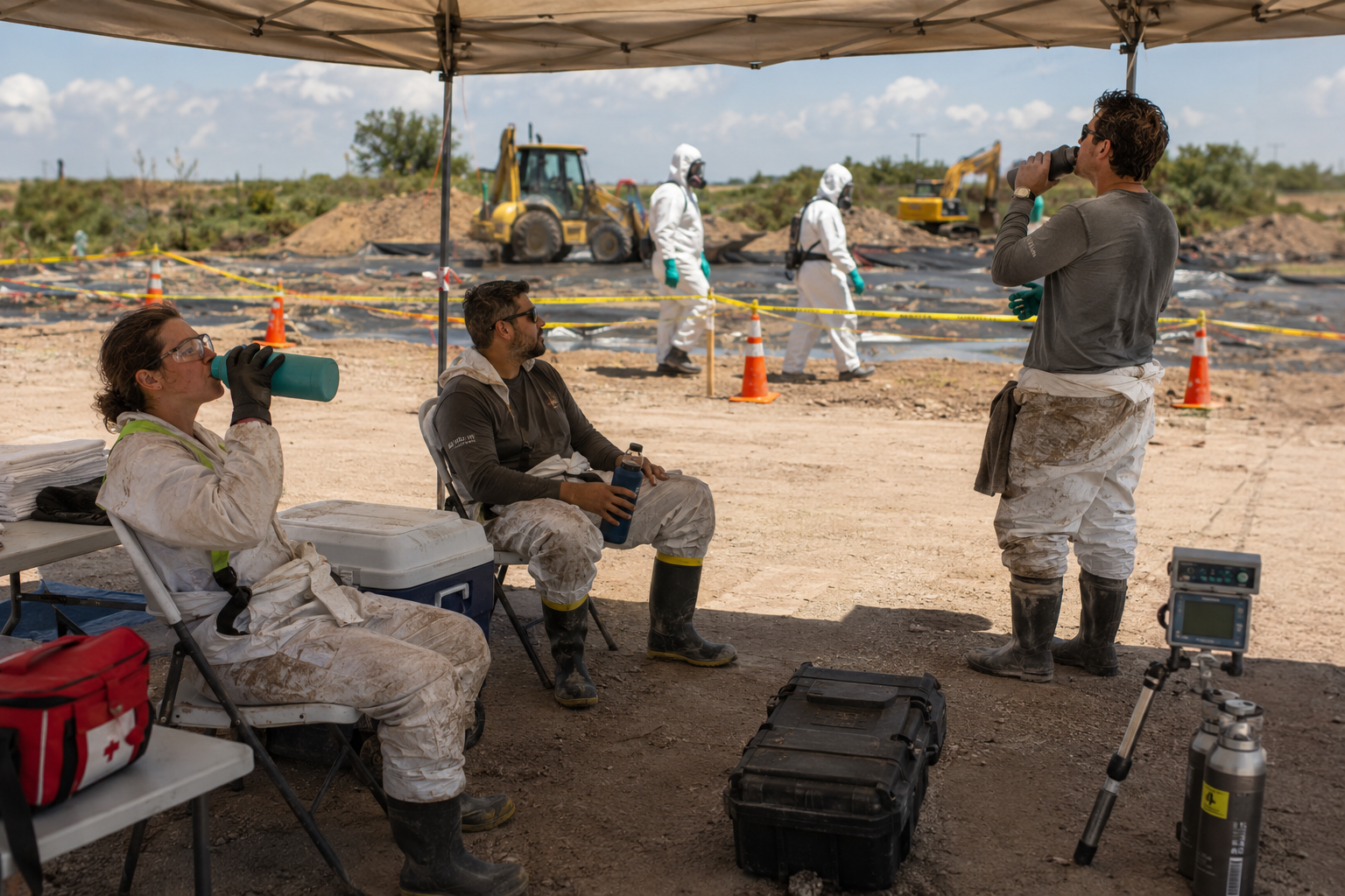 HAZWOPER workers rest and hydrate in a shaded heat-recovery area at an industrial site