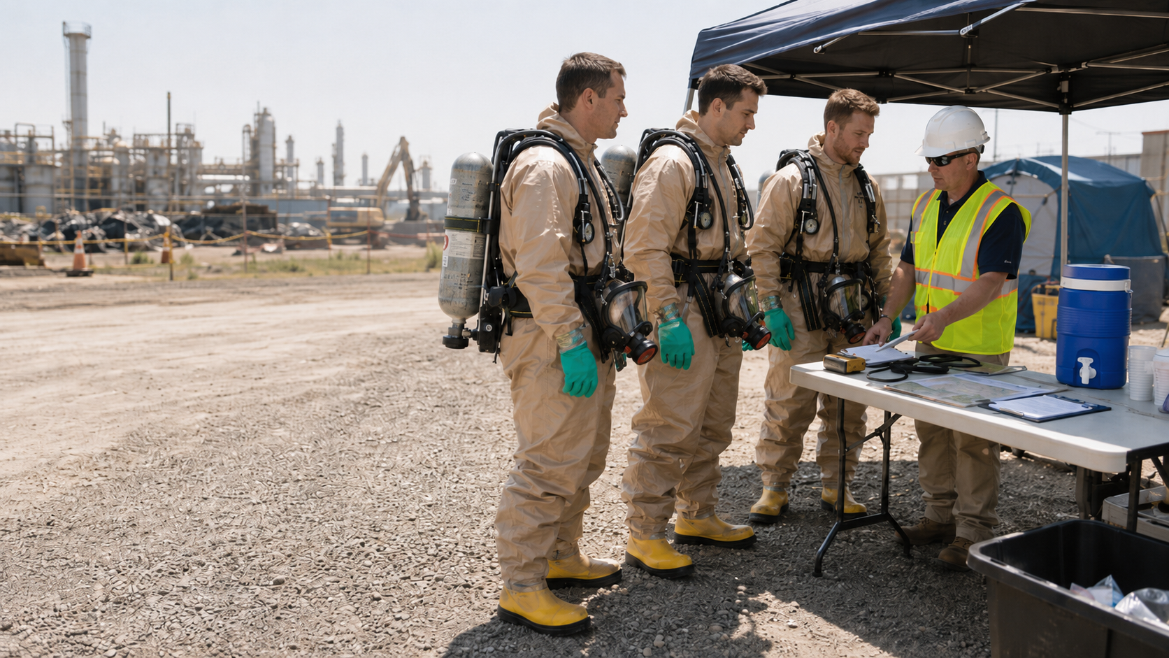 HAZWOPER team in chemical protective clothing receives a heat-safety briefing at an industrial site