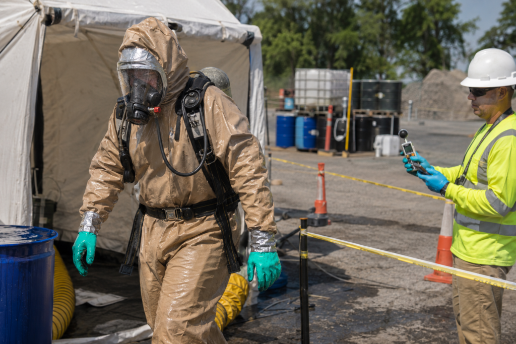 Worker in chemical protective clothing and SCBA monitored for heat stress at a hazardous materials site
