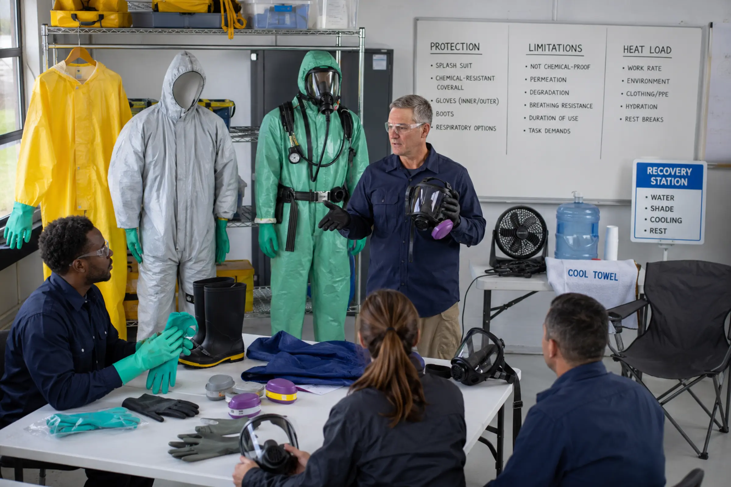 Instructor reviews chemical protective clothing, respiratory equipment, and heat limitations