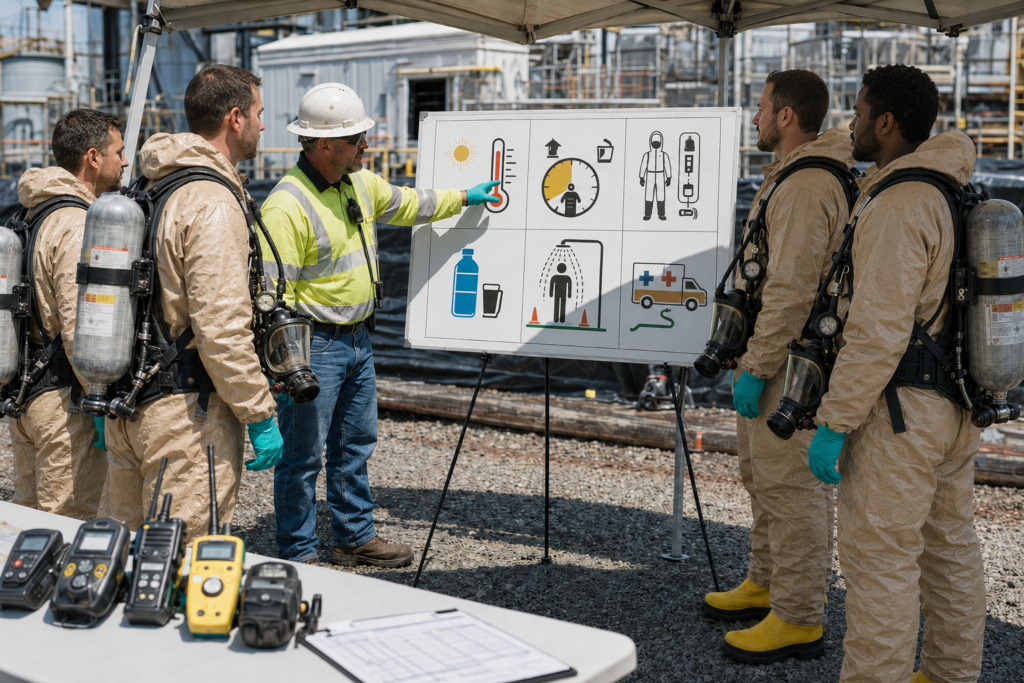 HAZWOPER team reviews heat controls during a pre-entry briefing at an industrial site