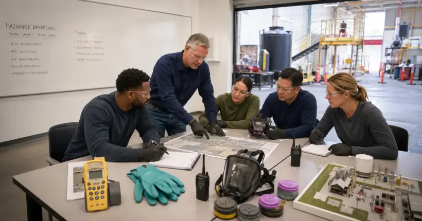 Workers review HAZWOPER refresher topics with monitoring and respiratory equipment