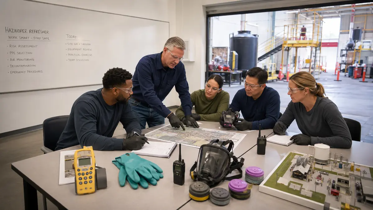 Workers review HAZWOPER refresher topics with monitoring and respiratory equipment