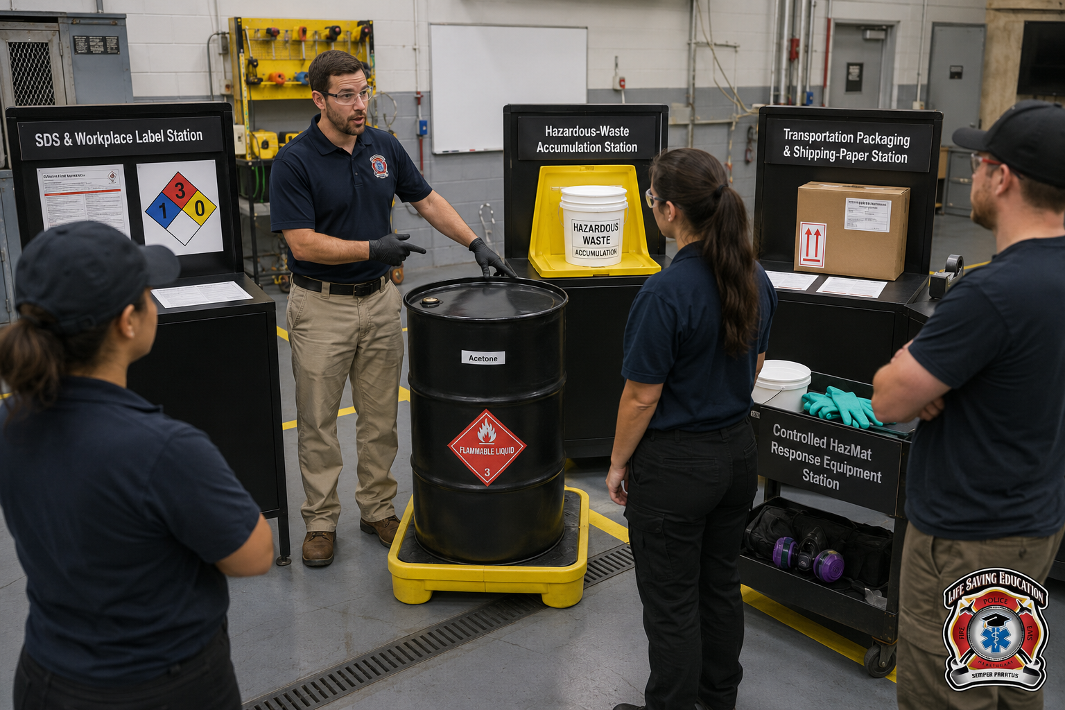 Instructor uses one hazardous-waste drum to explain overlapping workplace, waste, and transportation rules